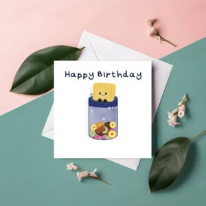 Personalised Custard Cream Birthday Card – Cute Biscuit Character Sitting on Jar | Funny Square Greeting Card | Custom Name Card
